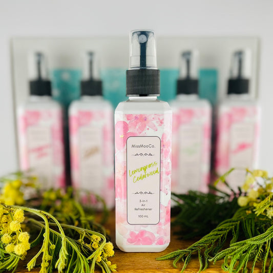 lemongrass and cedarwood by Miss Moo Co is an Australian-made natural air freshener that eliminates odours at the source. Safe for kids, pets, and eco-conscious homes, crafted with pure essential oils.