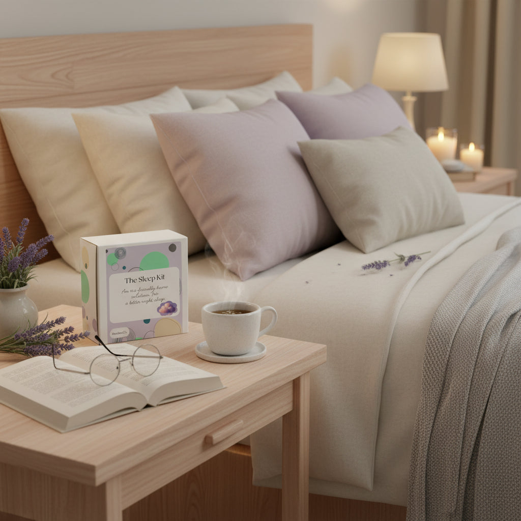 Cozy bedroom scene with a bed, nightstand, and reading materials. MissMooCo natural sleep kit