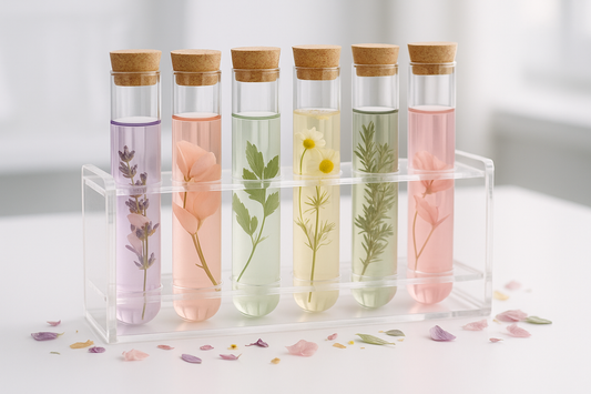 A blog about essential oils and the image is a test tube rack filled with botanical extracts