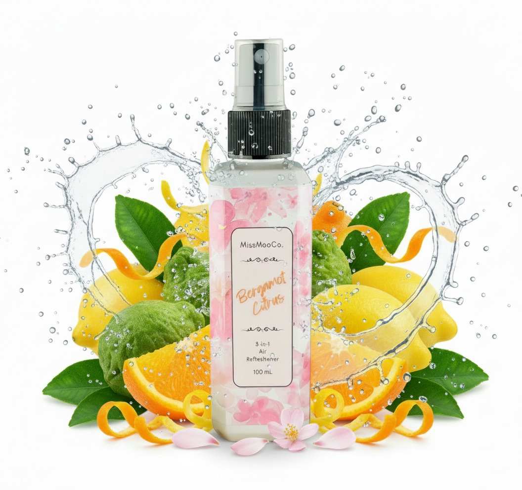 Bergamot_and_Citrus_by Miss Moo Co is an Australian-made natural air freshener that eliminates odours at the source. Safe for kids, pets, and eco-conscious homes, crafted with pure essential oils.