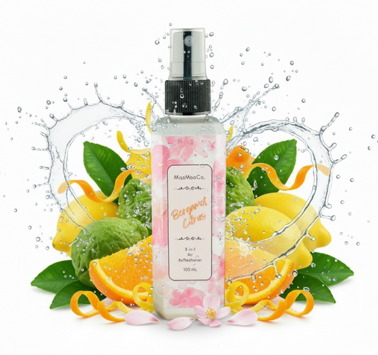 Bergamot_and_Citrus_by Miss Moo Co is an Australian-made natural air freshener that eliminates odours at the source. Safe for kids, pets, and eco-conscious homes, crafted with pure essential oils.