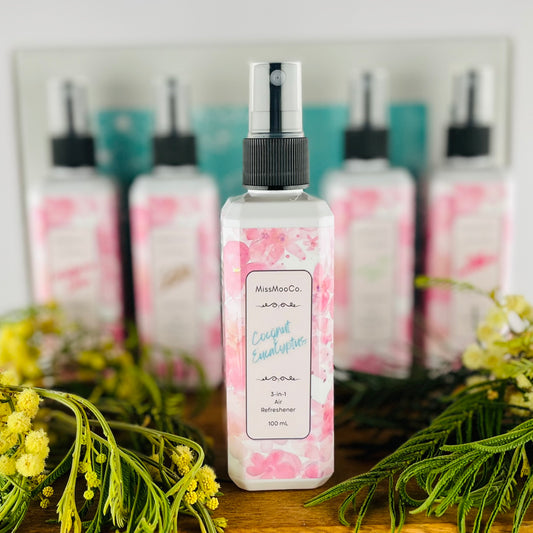 Coconut and Eucalyptus by Miss Moo Co is an Australian-made natural air freshener that eliminates odours at the source. Safe for kids, pets, and eco-conscious homes, crafted with pure essential oils.