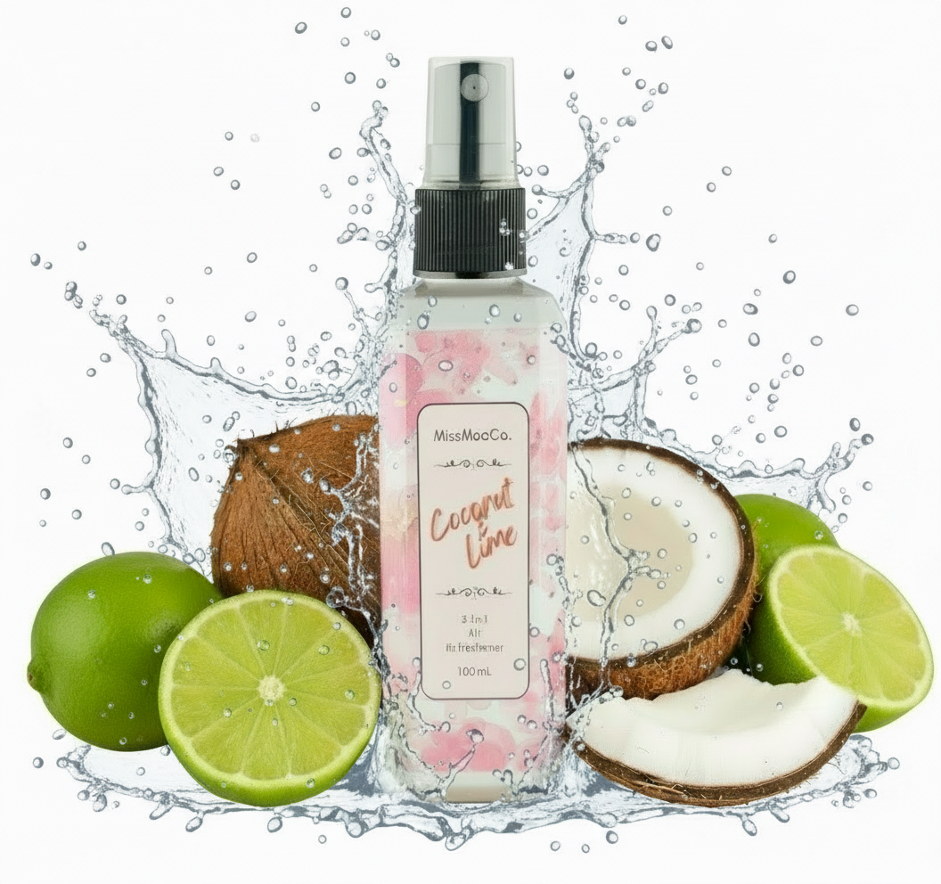 coconut and lime by Miss Moo Co is an Australian-made natural air freshener that eliminates odours at the source. Safe for kids, pets, and eco-conscious homes, crafted with pure essential oils.