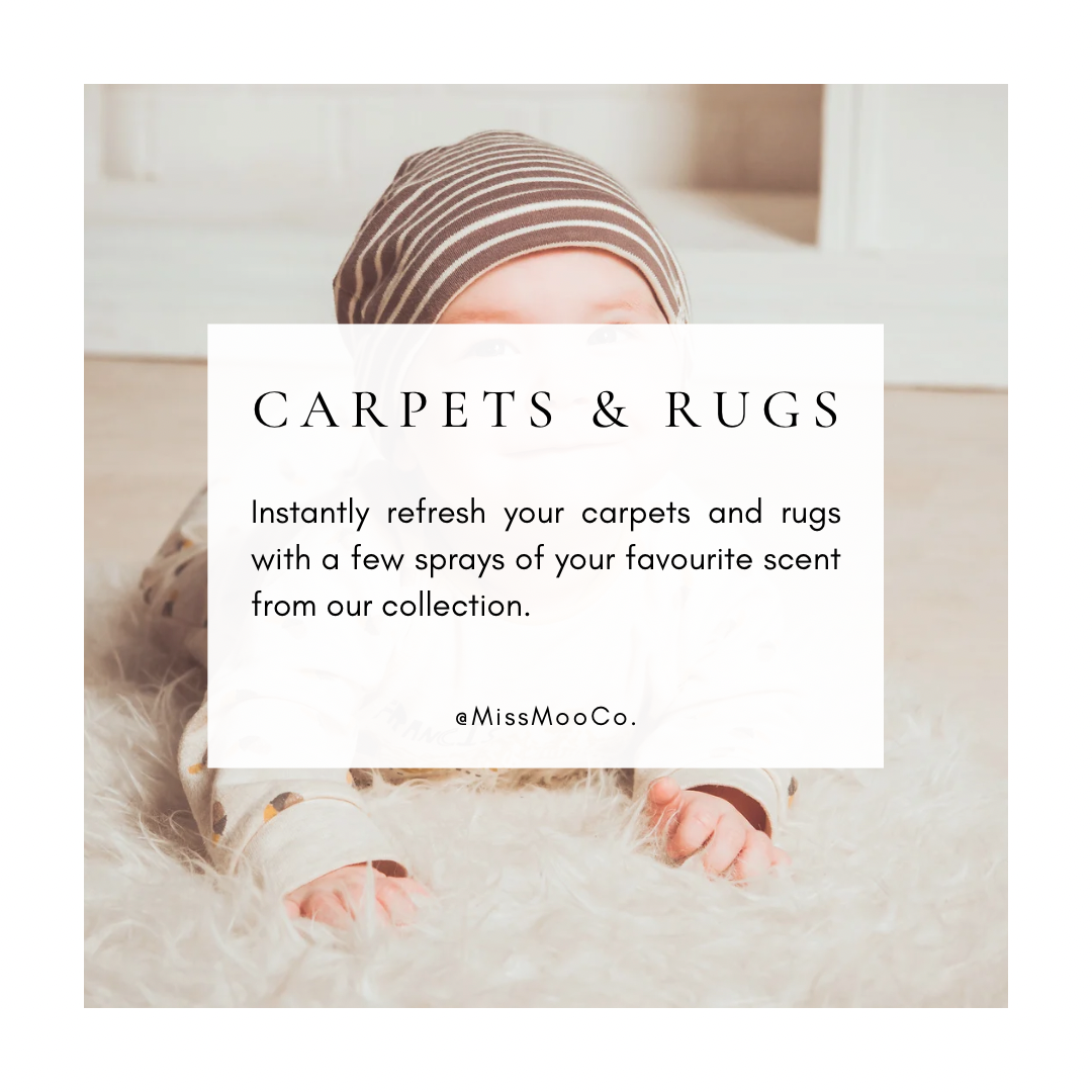 Baby lying on a carpet and using Miss Moo Co products - baby safe room spray