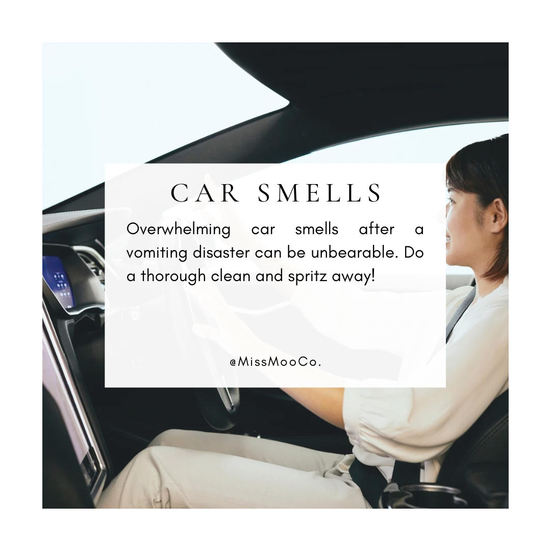 Person cleaning inside a car with text about car smells and using MissMooCo products to eliminate vomit smells. Natural air freshener Australia