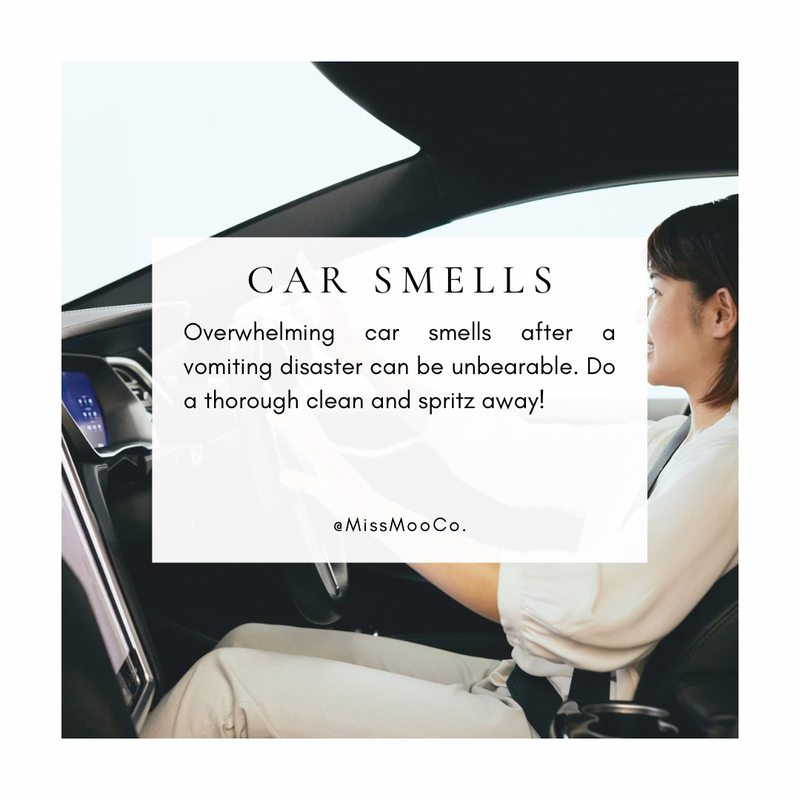 Person cleaning inside a car with text about car smells and using MissMooCo products to eliminate vomit smells. Natural air freshener Australia