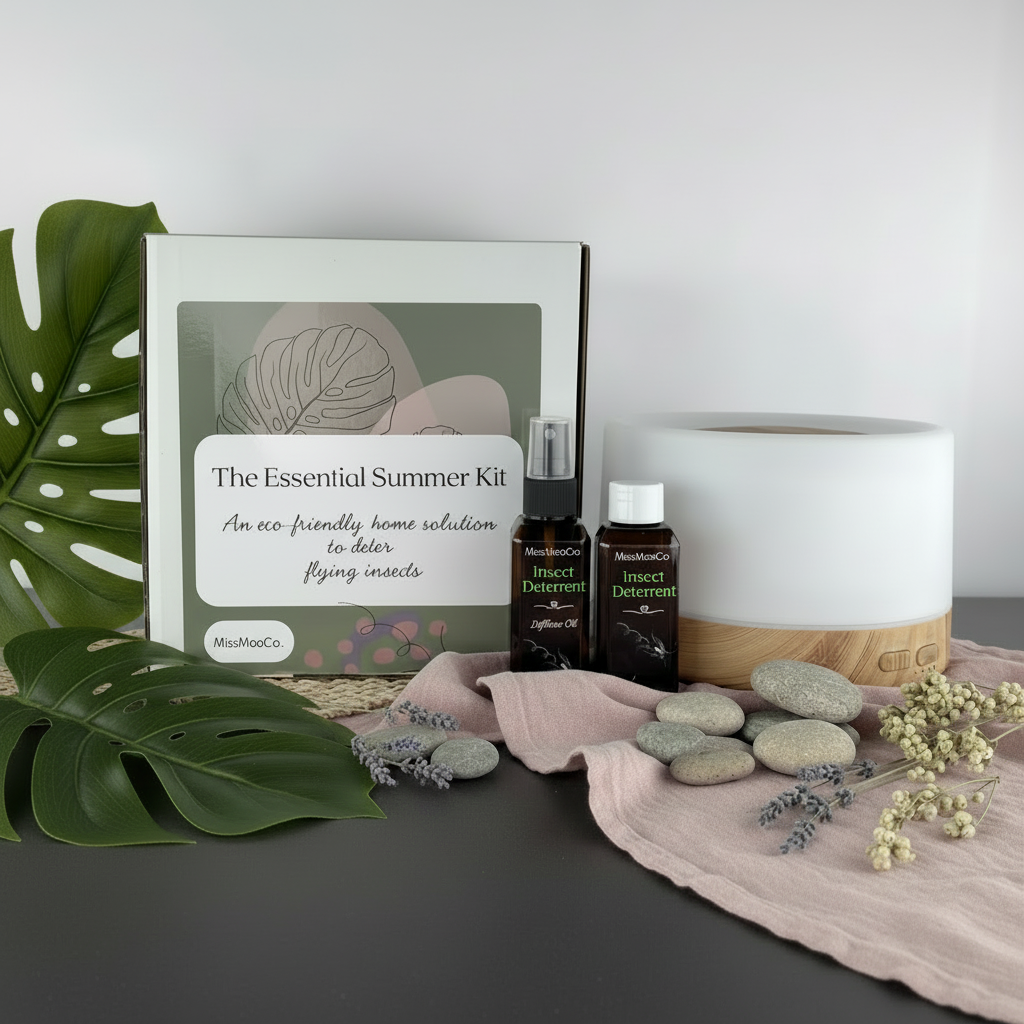Home insect deterrent kit with diffuser oils – consciously formulated for health-conscious families by MissMooCo.

