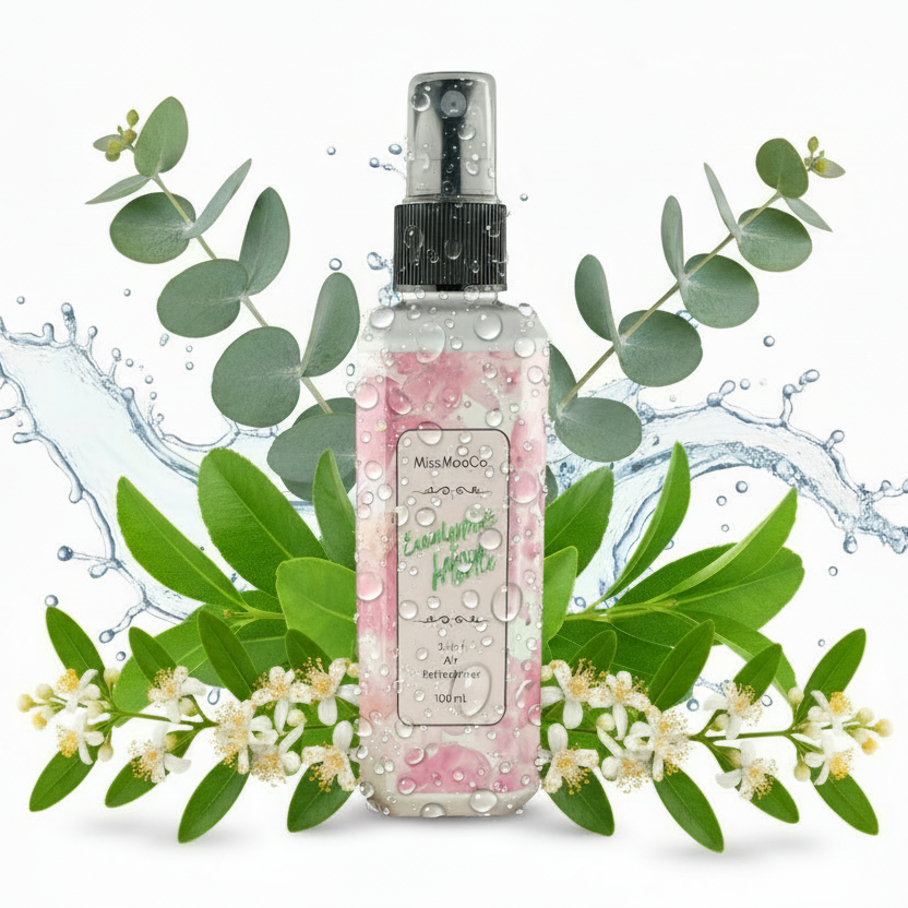 Handcrafted Eucalyptus and lemon myrtle by Miss Moo Co is an Australian-made natural air freshener that eliminates odours at the source. Safe for kids, pets, and eco-conscious homes, crafted with pure essential oils.