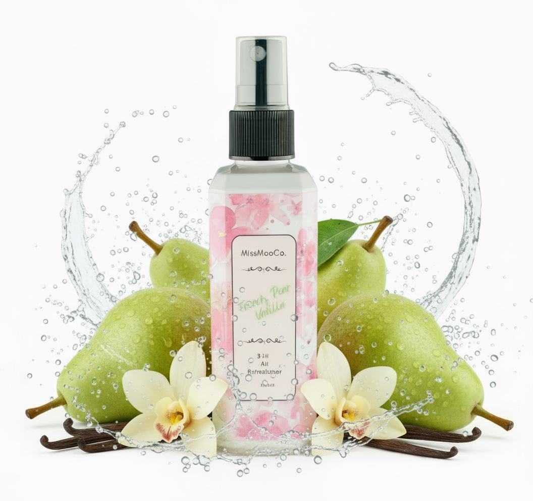 Natural air freshener spray Australia – non-toxic, essential oils. Handcrafted french pear and vanilla Australian-made, clean ingredients