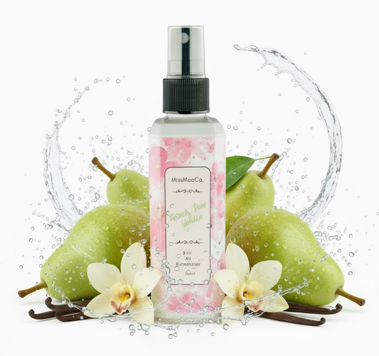 Natural air freshener spray Australia – non-toxic, essential oils. Handcrafted french pear and vanilla Australian-made, clean ingredients