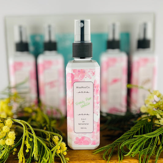 French pear and vanilla by Miss Moo Co is an Australian-made natural air freshener that eliminates odours at the source. Safe for kids, pets, and eco-conscious homes, crafted with pure essential oils.