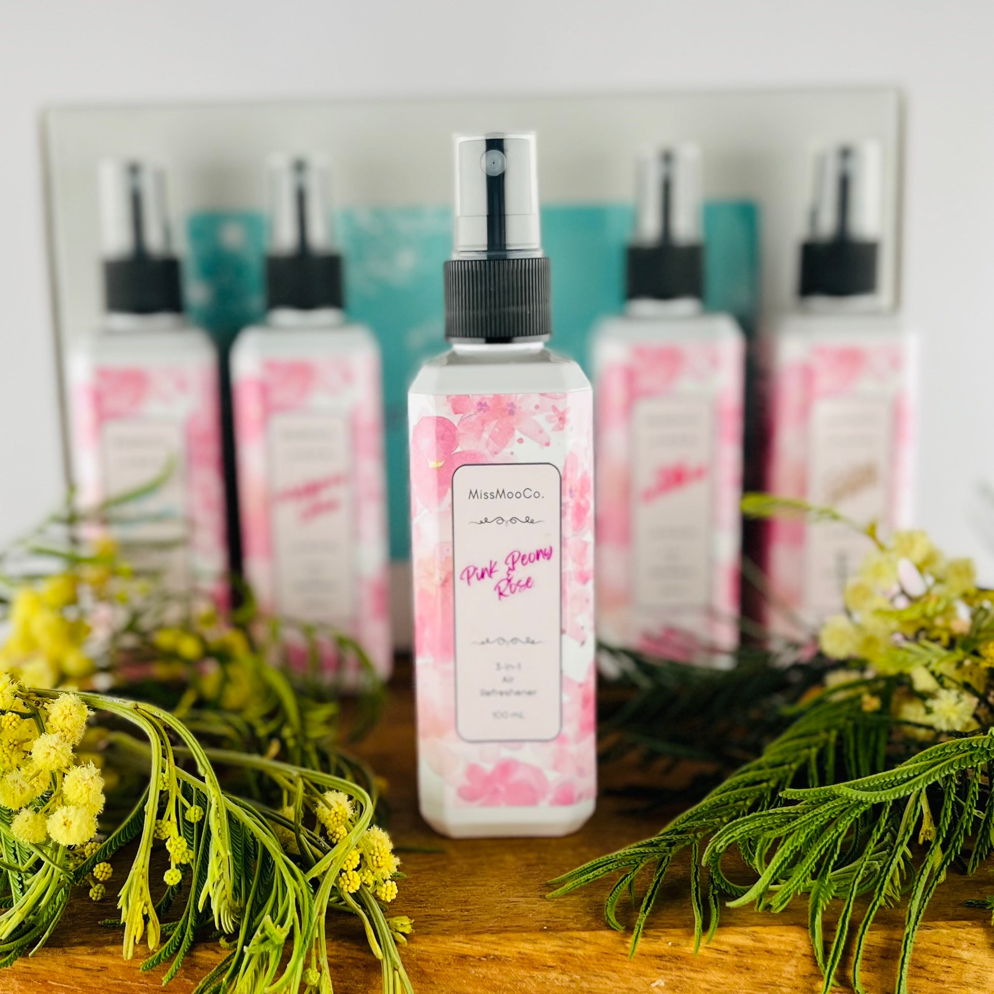 Bottle of MissMooCo Pink Peony and  Rose  home spray with soft floral scent