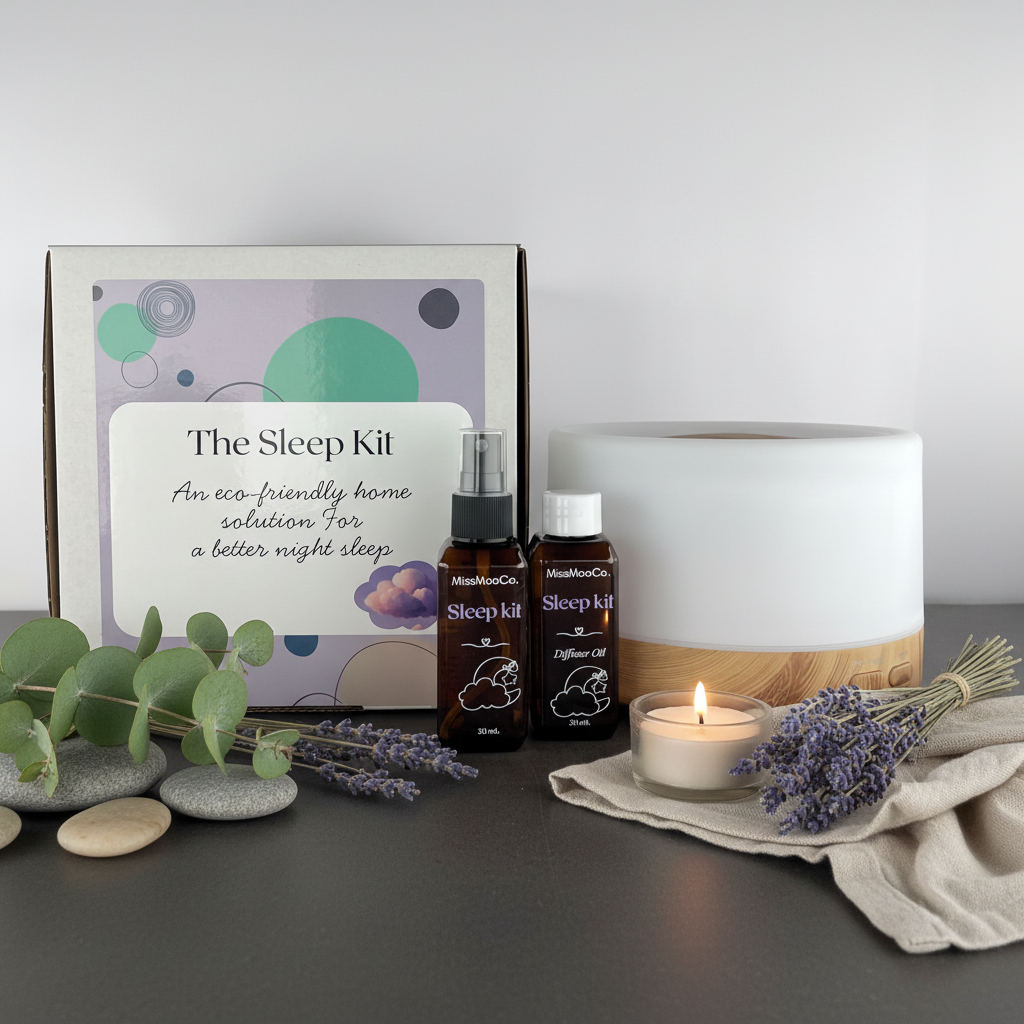 Kit to help with sleep. Diffuser oil creating a calming atmosphere – consciously formulated essential oils. Diffuser can also be a night light