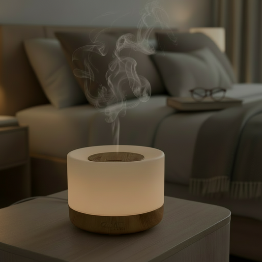 White diffuser emitting steam on a table 