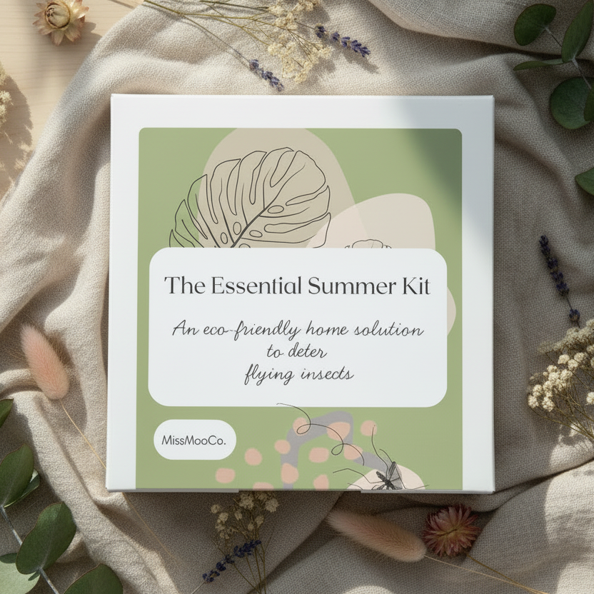 The Essential Summer Kit is designed to deter flying insects, the eco-friendly way. The diffuser comes with essential oil and a spray made with lemon eucalyptus