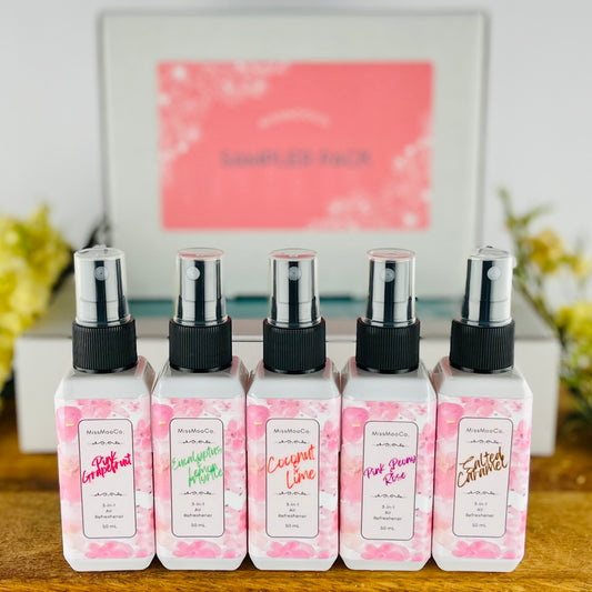 Five petite bottles to sample our range. They are ideal for the car, in the handbag for travelling. Odour eliminating solutions.