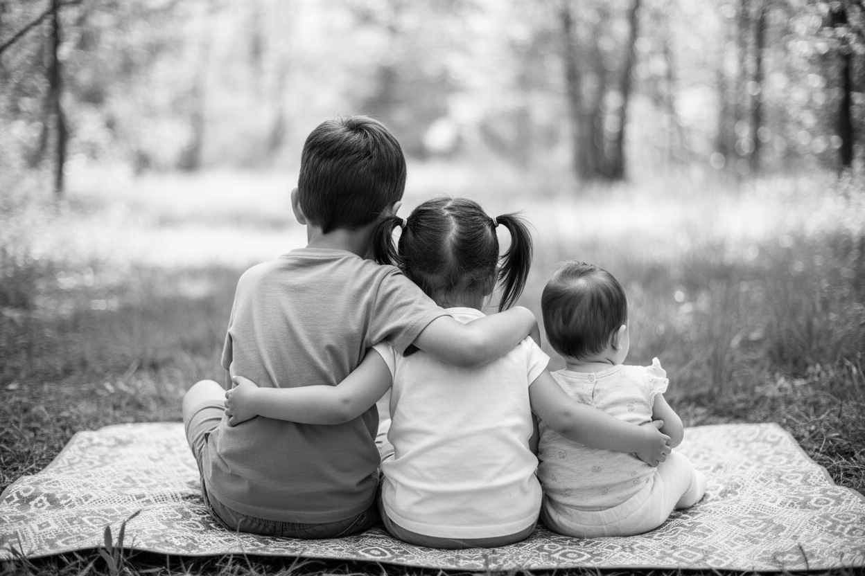 Boy hugging sisters while they sit naturally - black and white