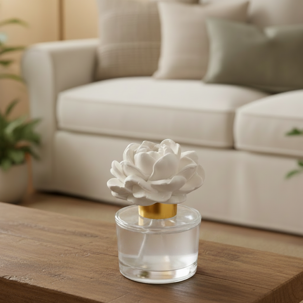 Decorative diffuser with a white flower on top on a wooden table in a living room. Australian made, pet and kid consciously formulated. 